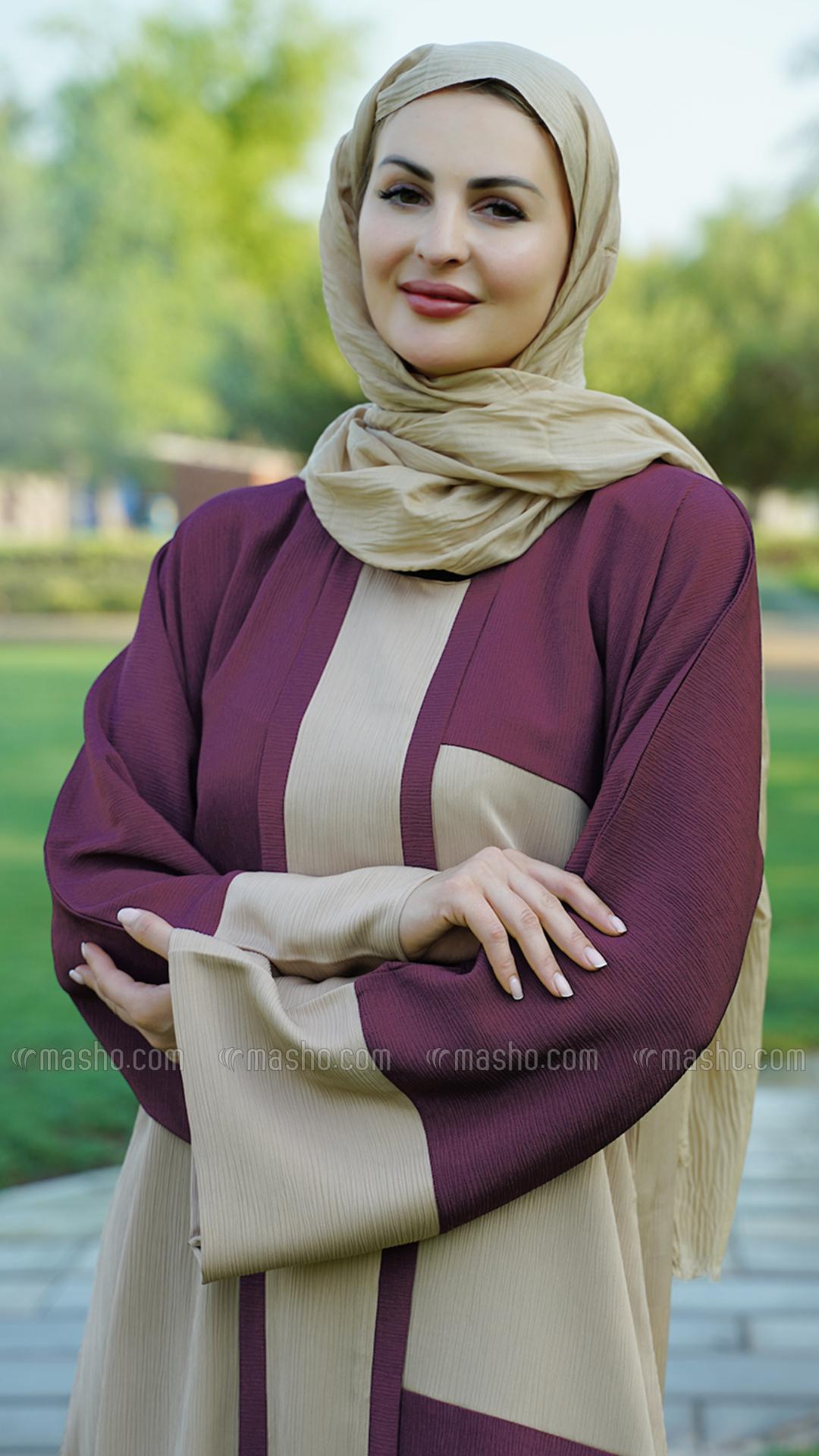 Wholesale  Dark Maroon And Beige Simple Zoom Abaya 