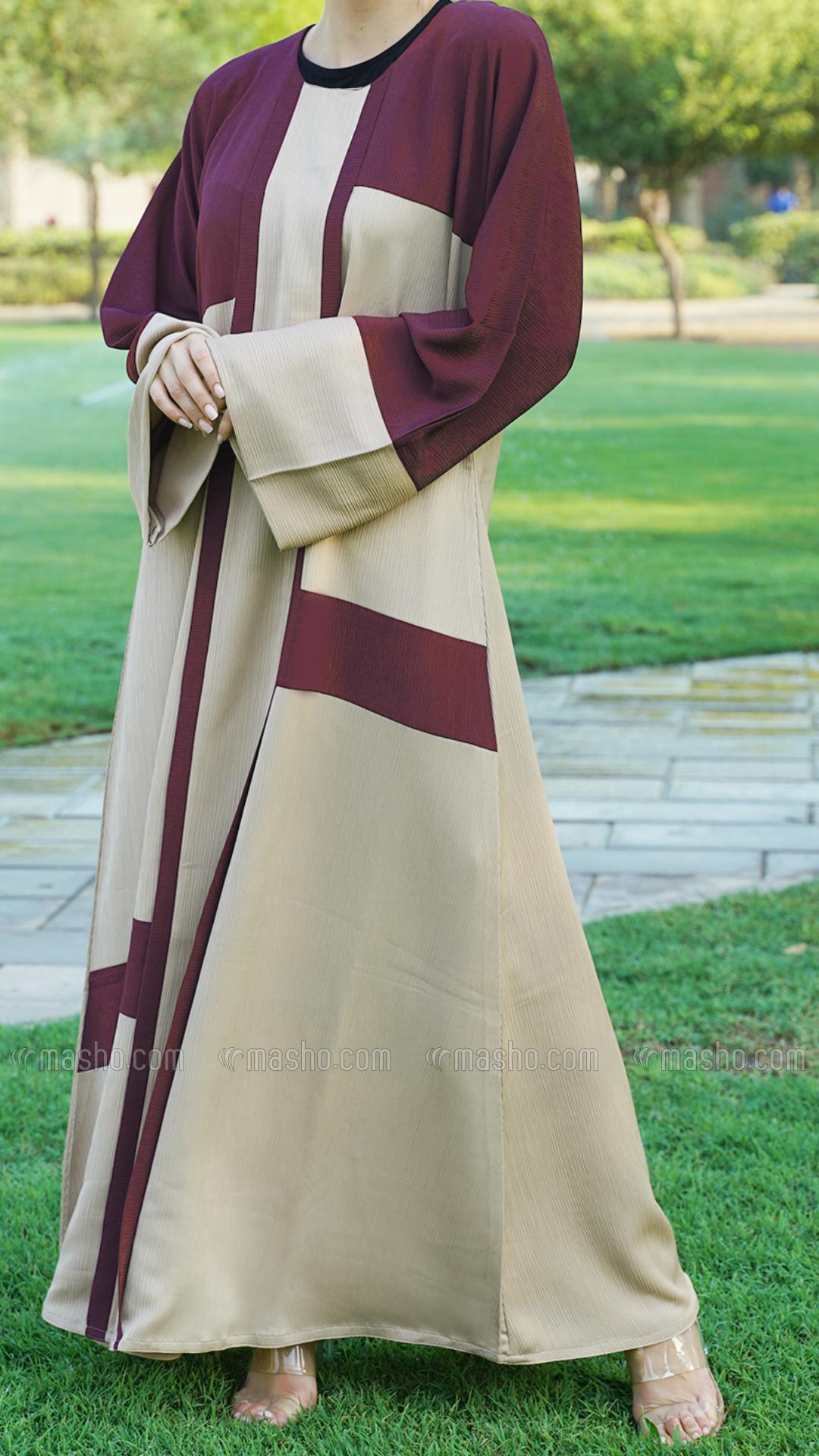 Wholesale  Dark Maroon And Beige Simple Zoom Abaya 