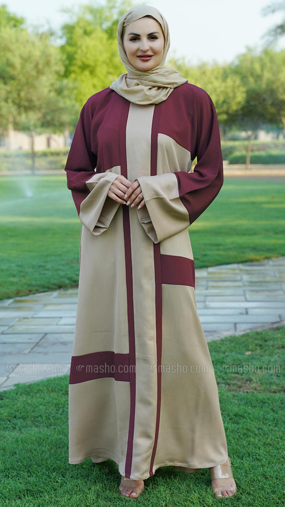 Wholesale  Dark Maroon And Beige Simple Zoom Abaya 