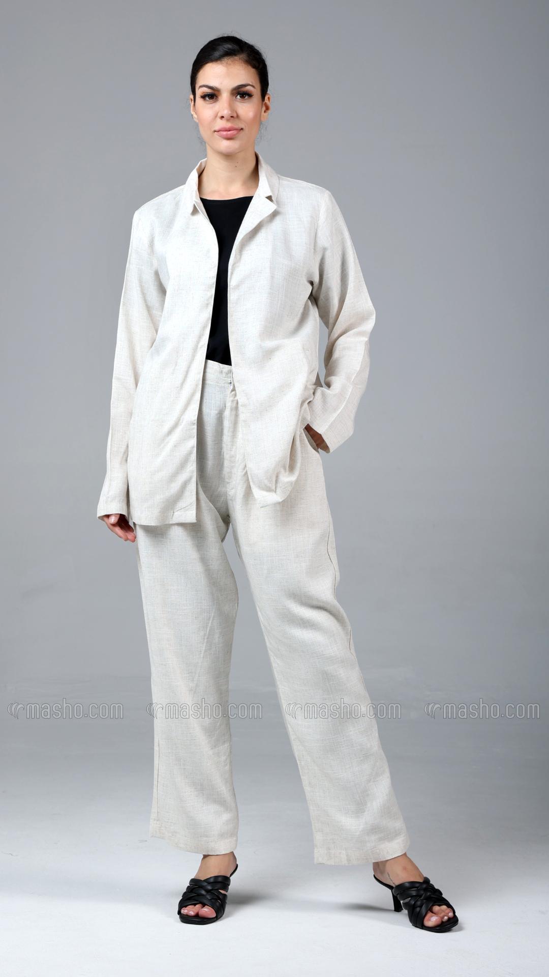 Wholesale Off White Formal  Three  Piece Linen Suit Set